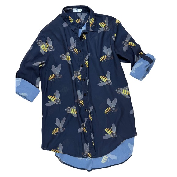 L.A. Soul Tops - Whimsical Bee Print Button Down Tunic Roll Tab Sleeve XXL L.A. Soul